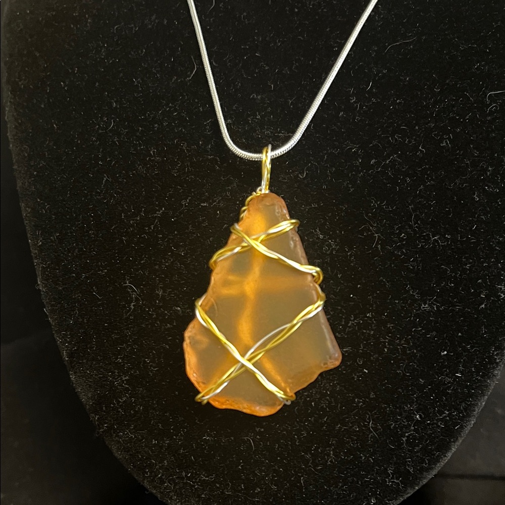 Handcrafted New England Orange Sea Glass Pendant Necklace - Gold Wire Wrap
